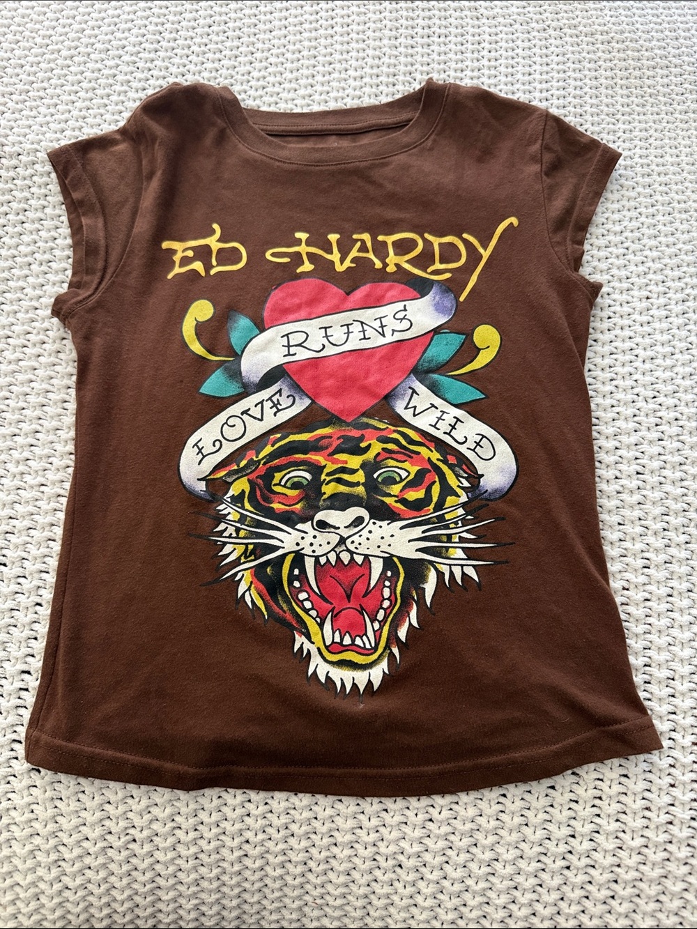 Ed Hardy Brown Kids' Short Sleeve Tee with Tiger & Heart Graphic